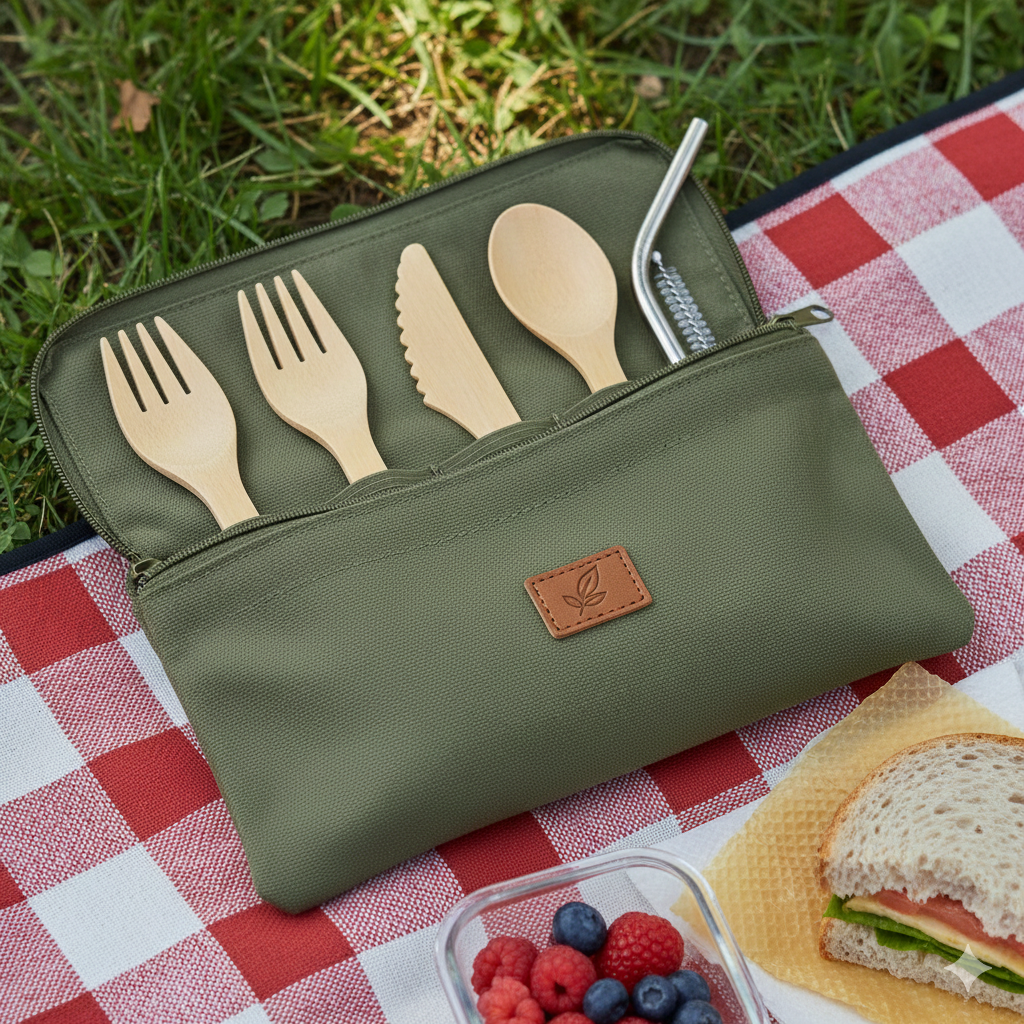 Eco-friendly reusable bamboo cutlery and linen pouch on a cafe table, illustrating a simple switch for sustainable everyday living
