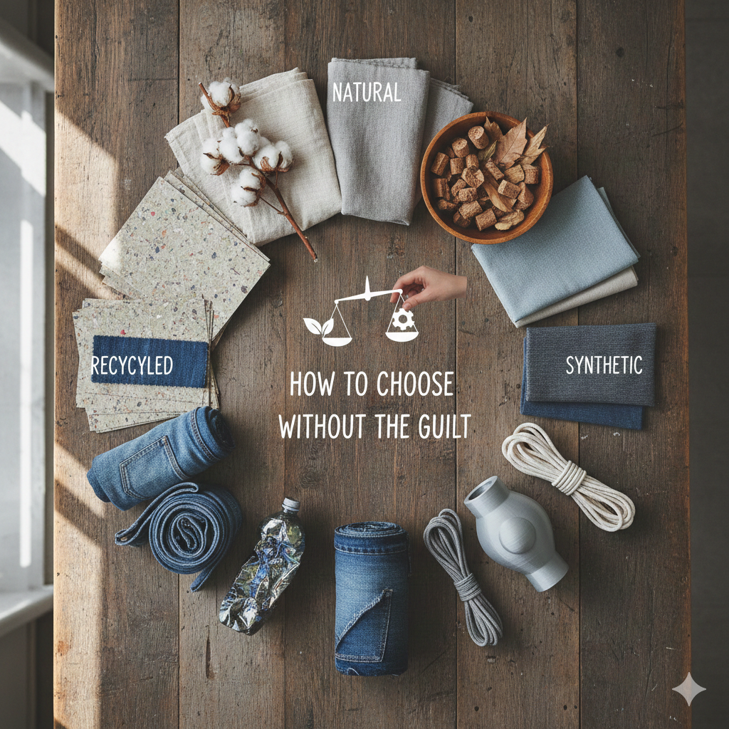 Natural, recycled, and sustainable materials used in everyday eco-friendly living