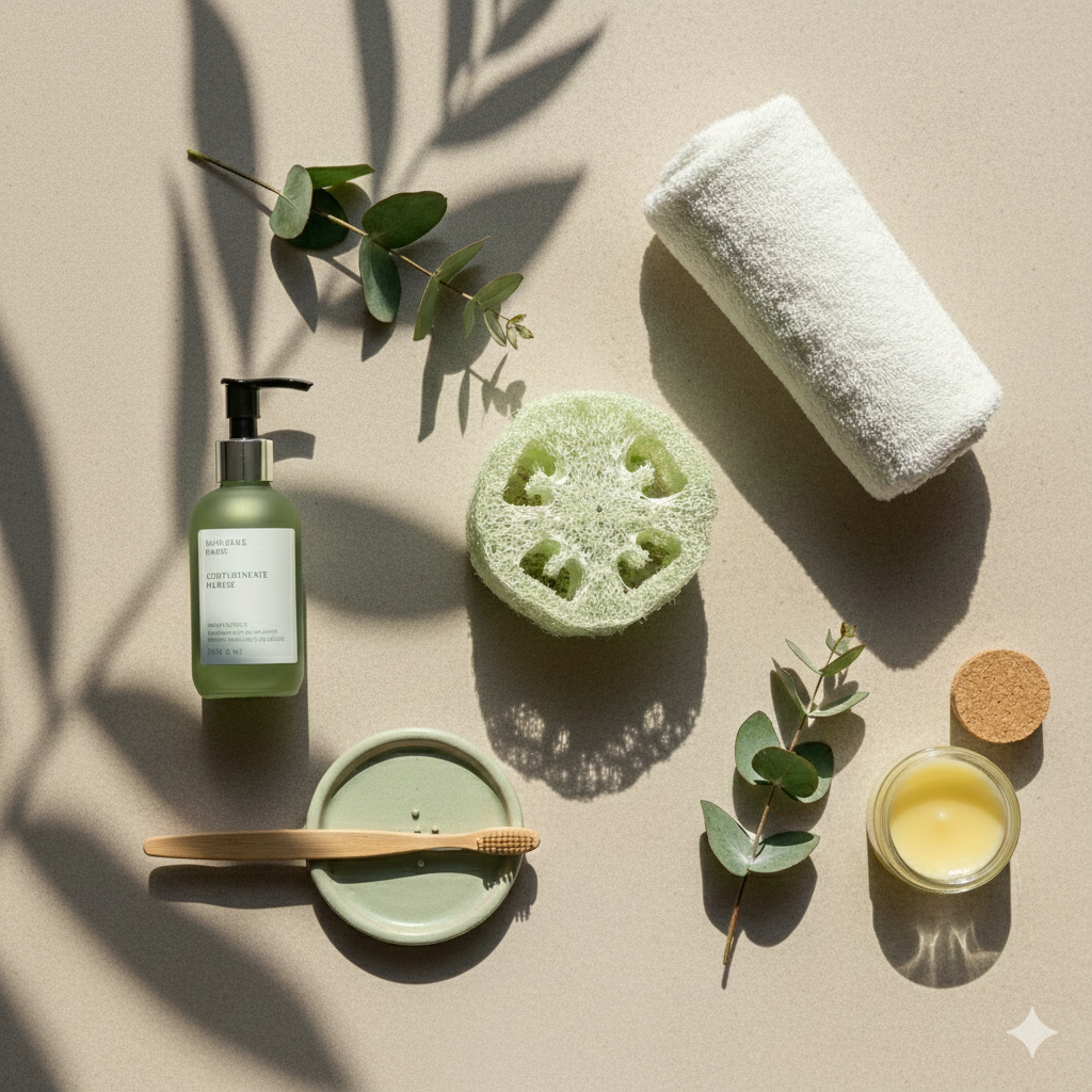 Eco-friendly self-care essentials arranged in a calm, minimalist setting