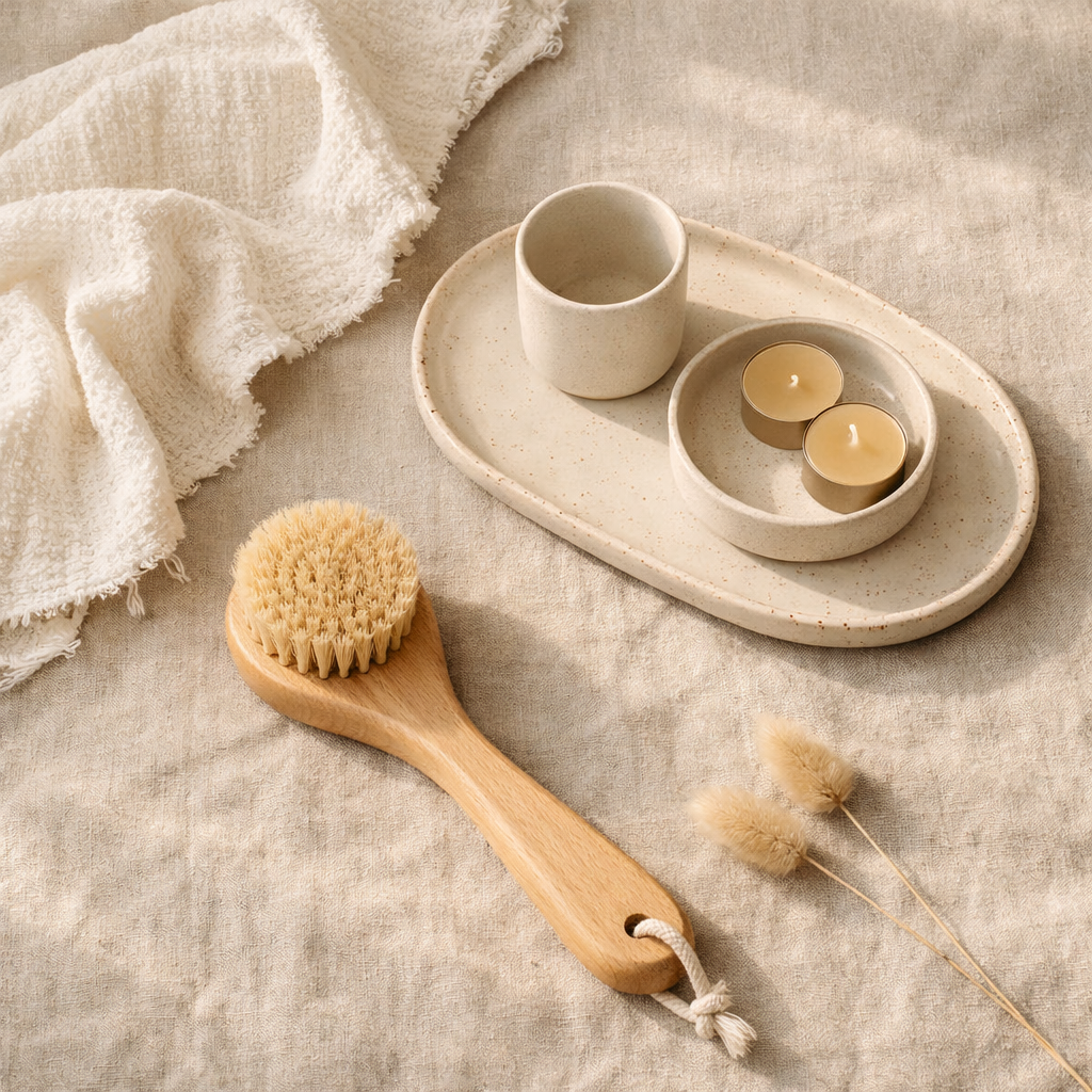 Natural home essentials with ceramic trays and wooden brushes in soft light