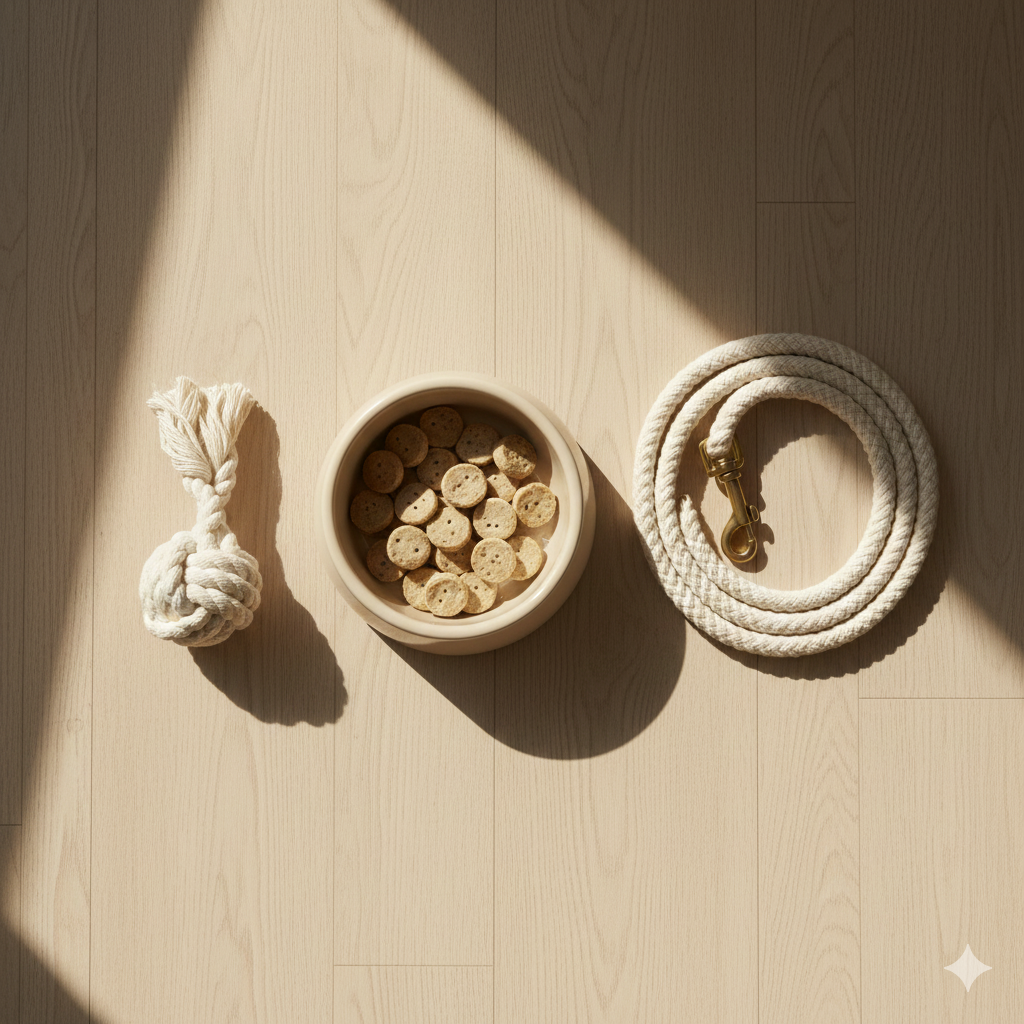 Natural pet accessories made from wood and rope in a minimalist home setting