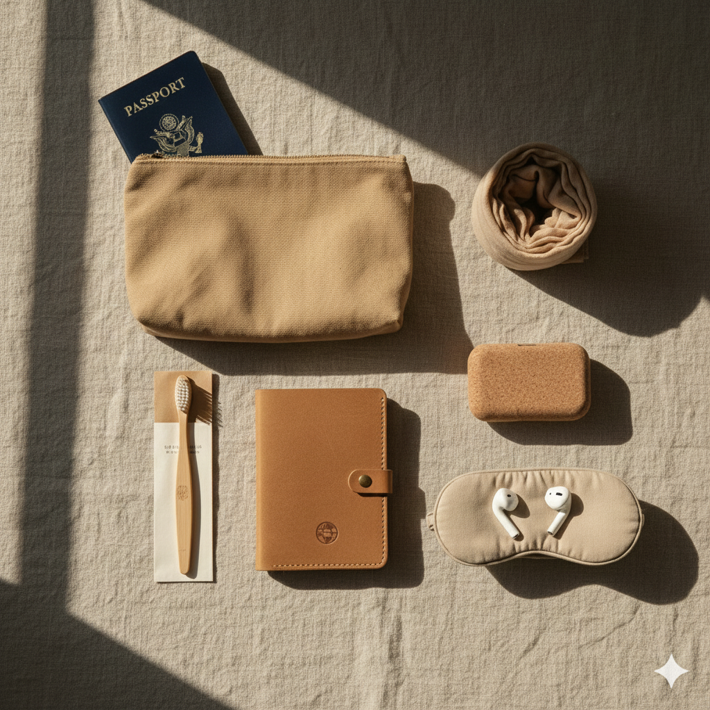 Eco-conscious travel accessories including pouches and passport holders