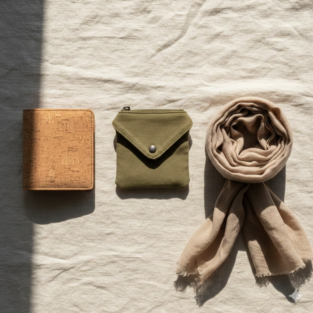 Cork and fabric accessories styled for everyday sustainable fashion