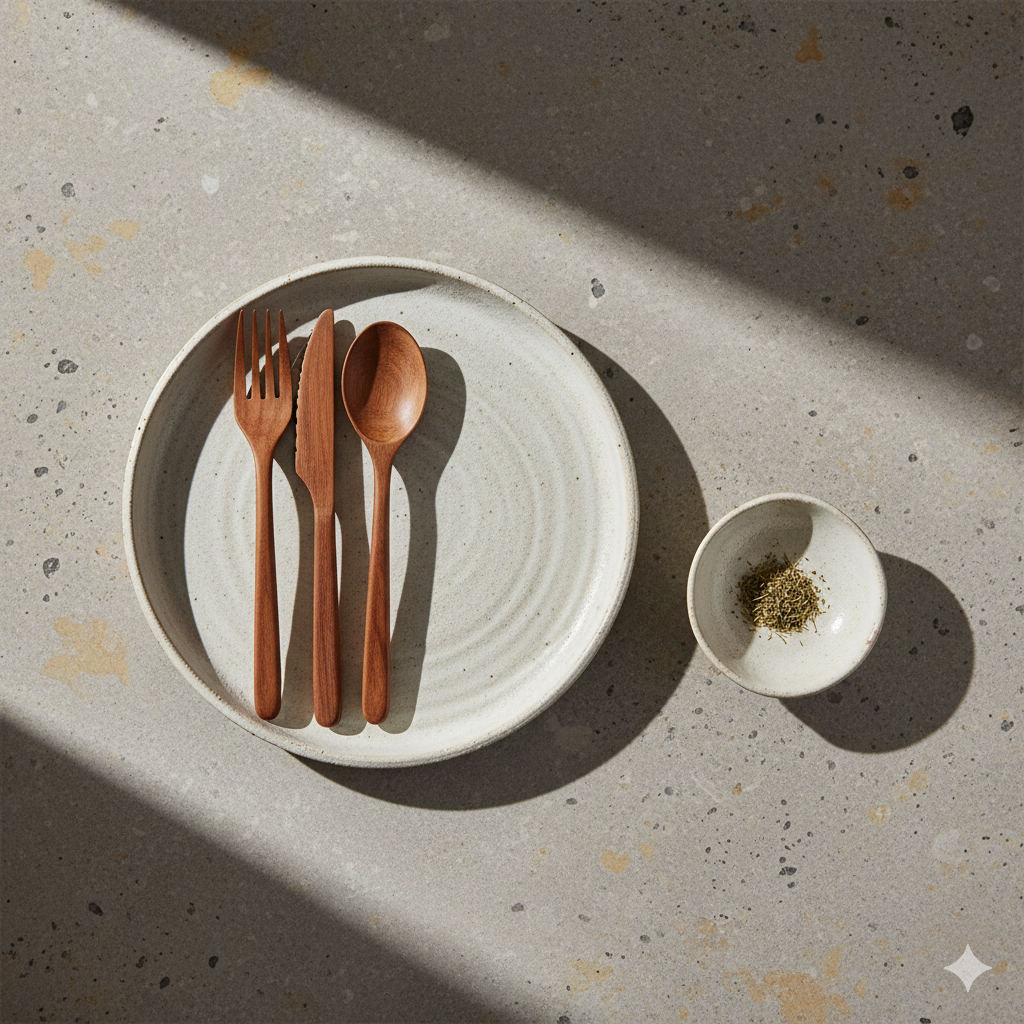 Sustainable wooden kitchenware styled on a neutral dining surface