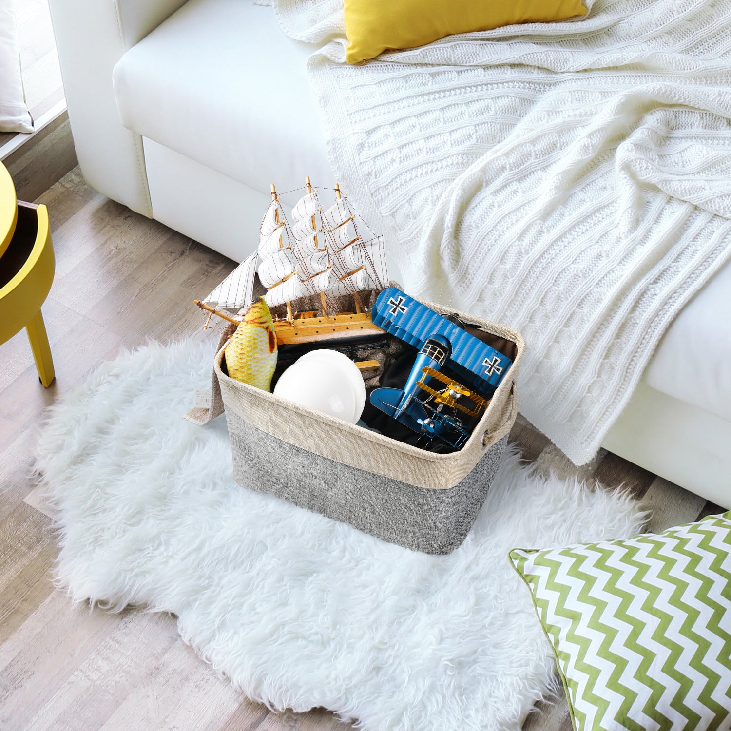 Foldable cotton linen storage basket for home use