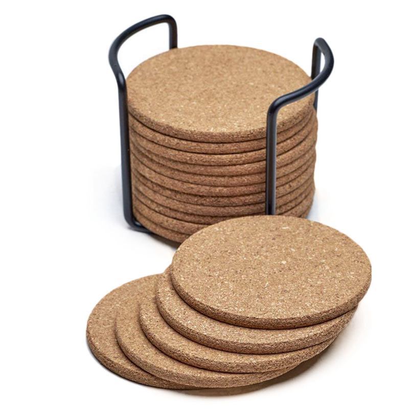 Eco-Cork - 16pc Natural Cork Coasters with Stylish Metal Holder