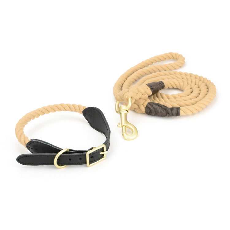 Cotton rope dog leash with leather grip