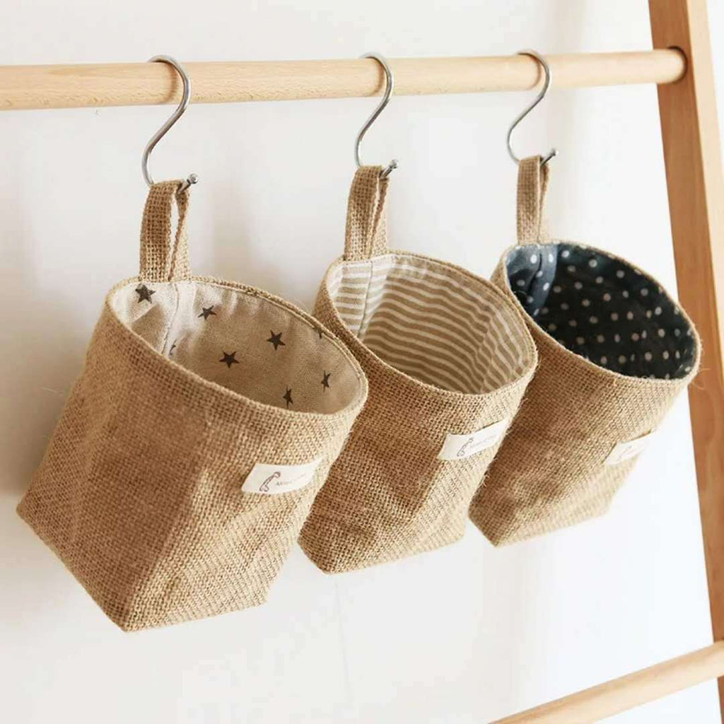 Wall-mounted jute storage bag for home organisation