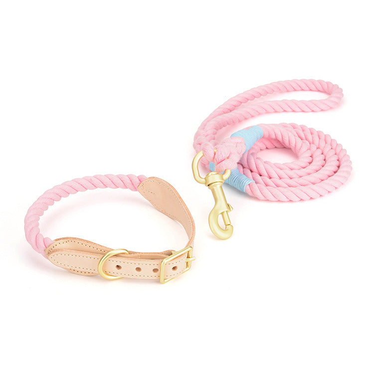 Cotton rope dog leash with leather grip