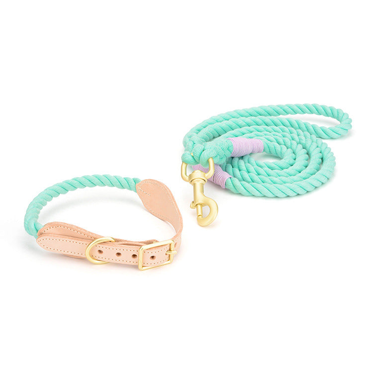 Cotton rope dog leash with leather grip