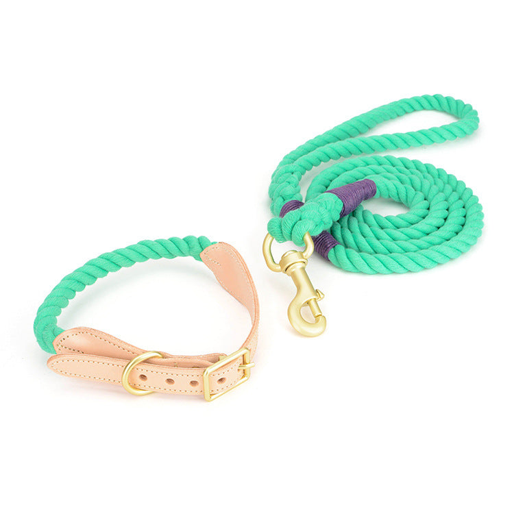 Cotton rope dog leash with leather grip