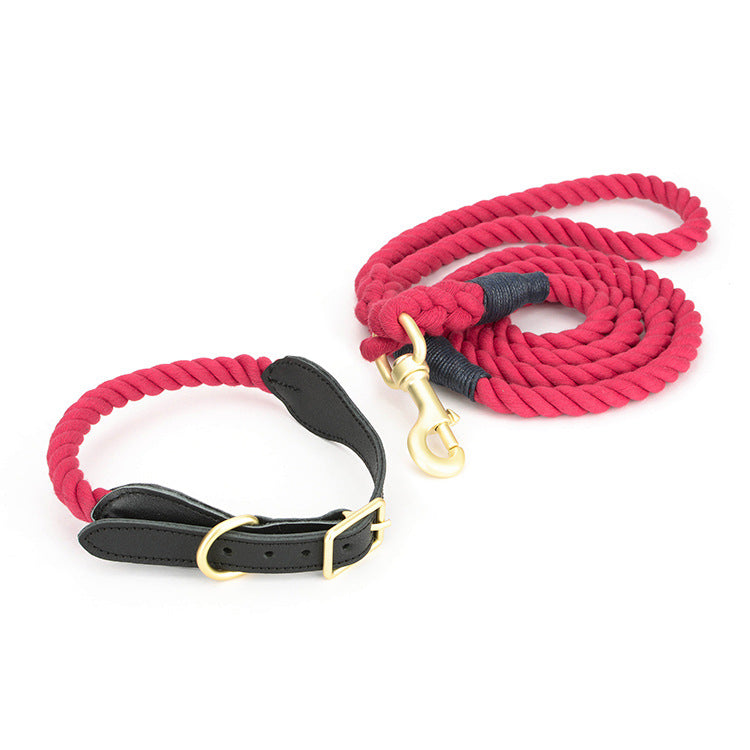 Cotton rope dog leash with leather grip