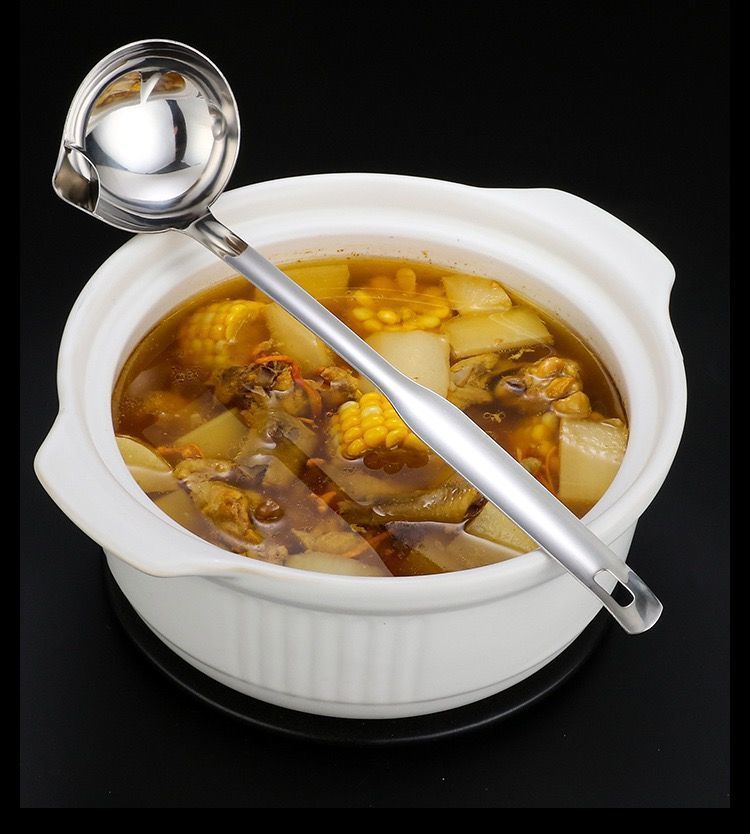 Stainless steel grease strainer ladle for separating oil from soups