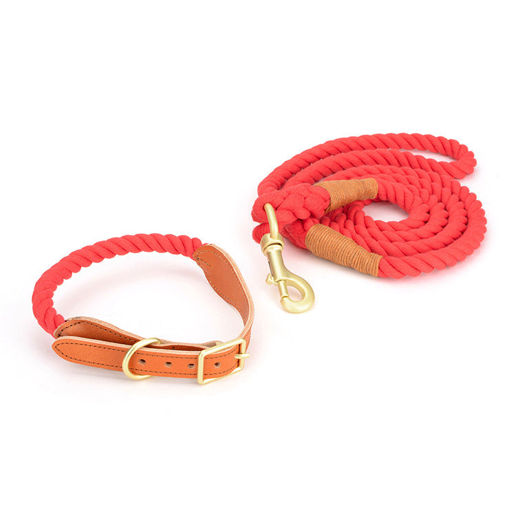 Cotton rope dog leash with leather grip